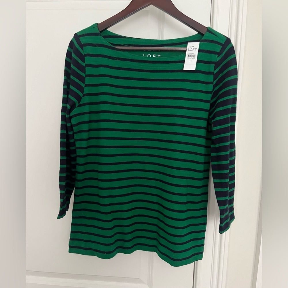 Loft boatneck striped knit top 100% cotton size M green NWT